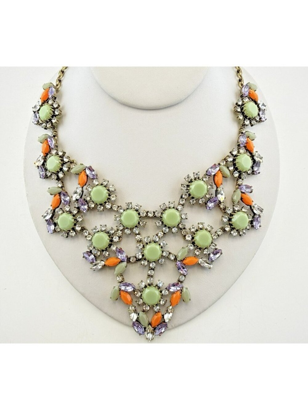 J Crew Necklace Bib Chunky Green Orange Bold Festoon Floral Rhinestone Statement